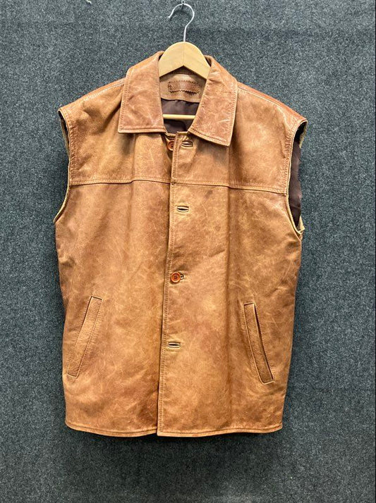 Just Leather Men's Tan Leather Vest Button Front Point Collar Vintage 90s Sz M