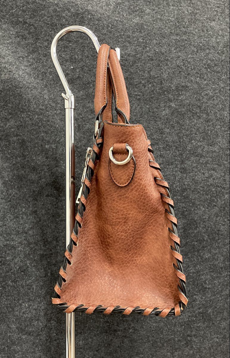 Lady Conceal Brown Leather Satchel Handbag Laced Trim Multi-Pocket