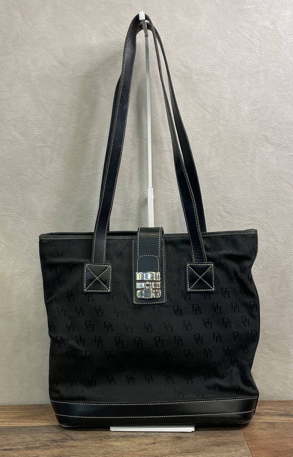 Vintage Dooney & Bourke Black Monogram Fabric Leather Tote Bag Silver Hardware