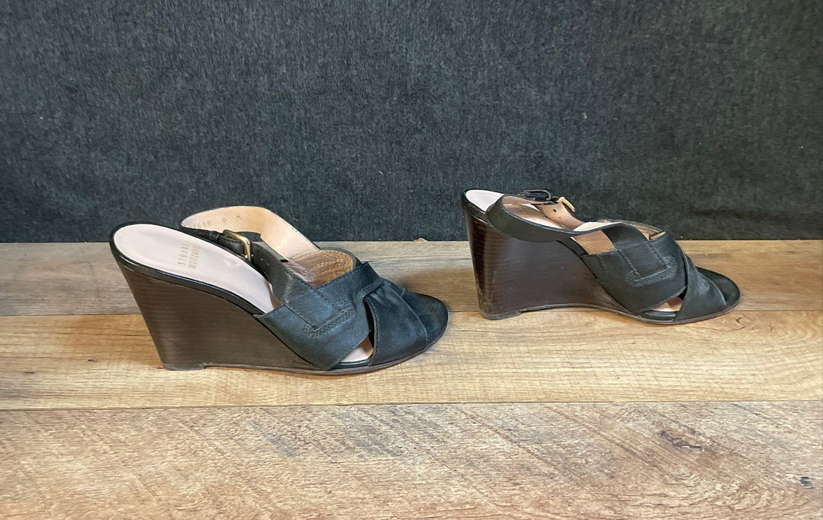 Stuart Weitzman Black Leather Cross Strap Slingback Wedge Sandals Size 8M