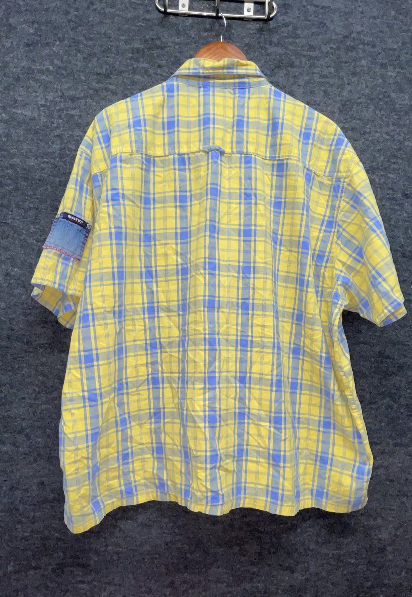 Vintage 90s Bugle Boy Men's Yellow Blue Plaid Graphic Button Down Shirt 2X