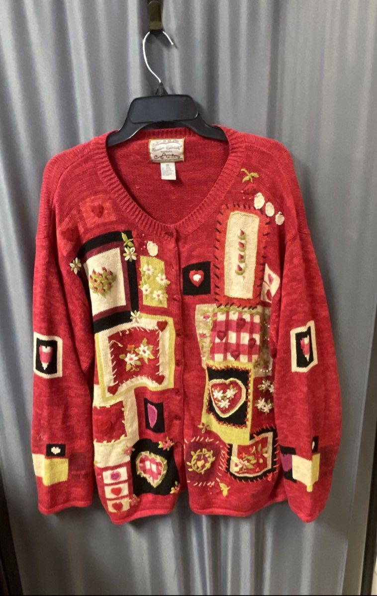 Vintage Y2K Heirloom Collectibles Women's Red Valentine Cardigan Hearts Sz 2X