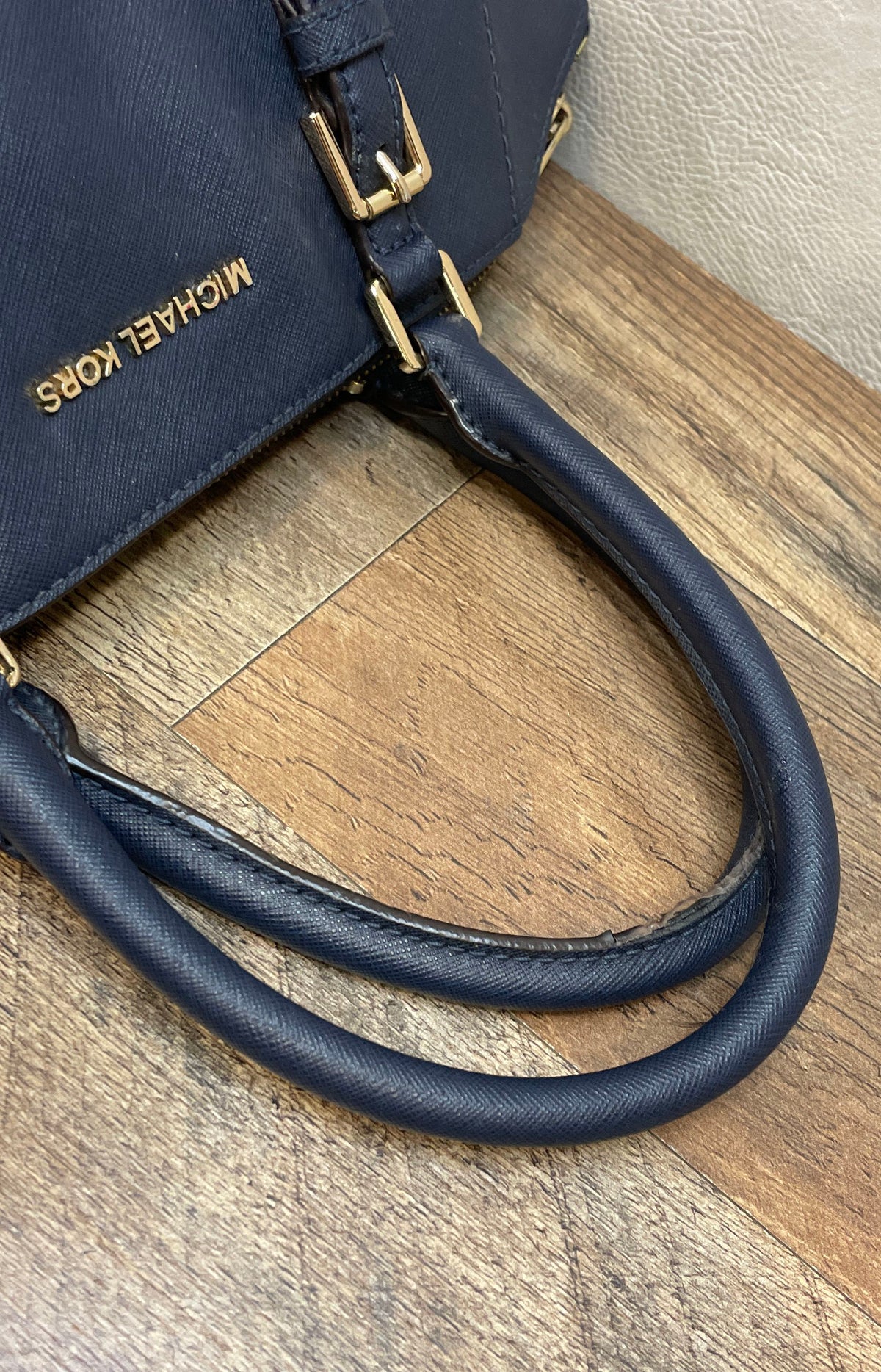 Michael Kors Navy Blue Saffiano Leather Satchel Handbag Gold Hardware