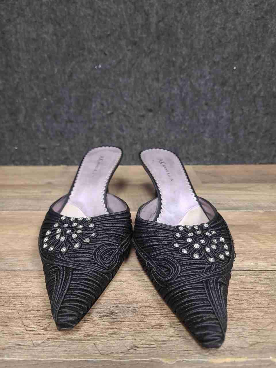 Anne Klein Maowings Black Satin Pointed Toe Kitten Heel Mules Women's Size 9