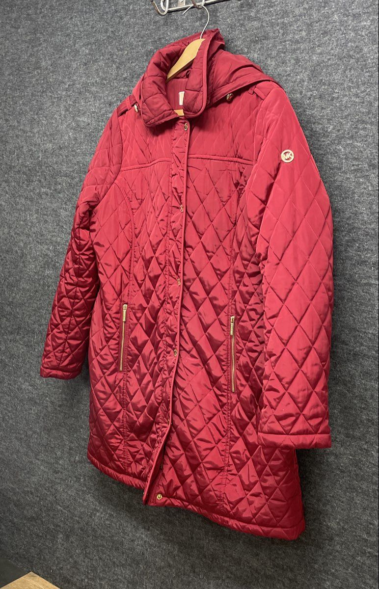 Michael Kors Women's Burgundy Diamond Quilted Jacket Detachable Hood Sz L