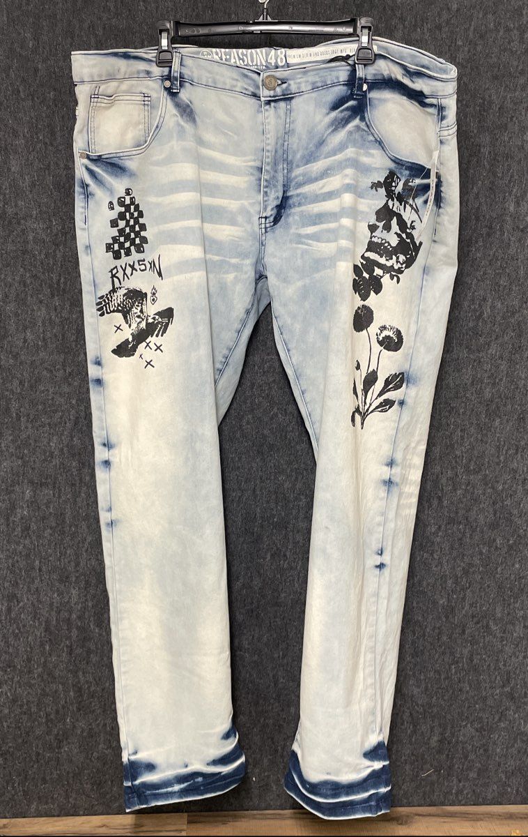 Reason Men's Graphic Jeans Light Blue Acid Wash Skull Floral Eagle Sz 48 NWT