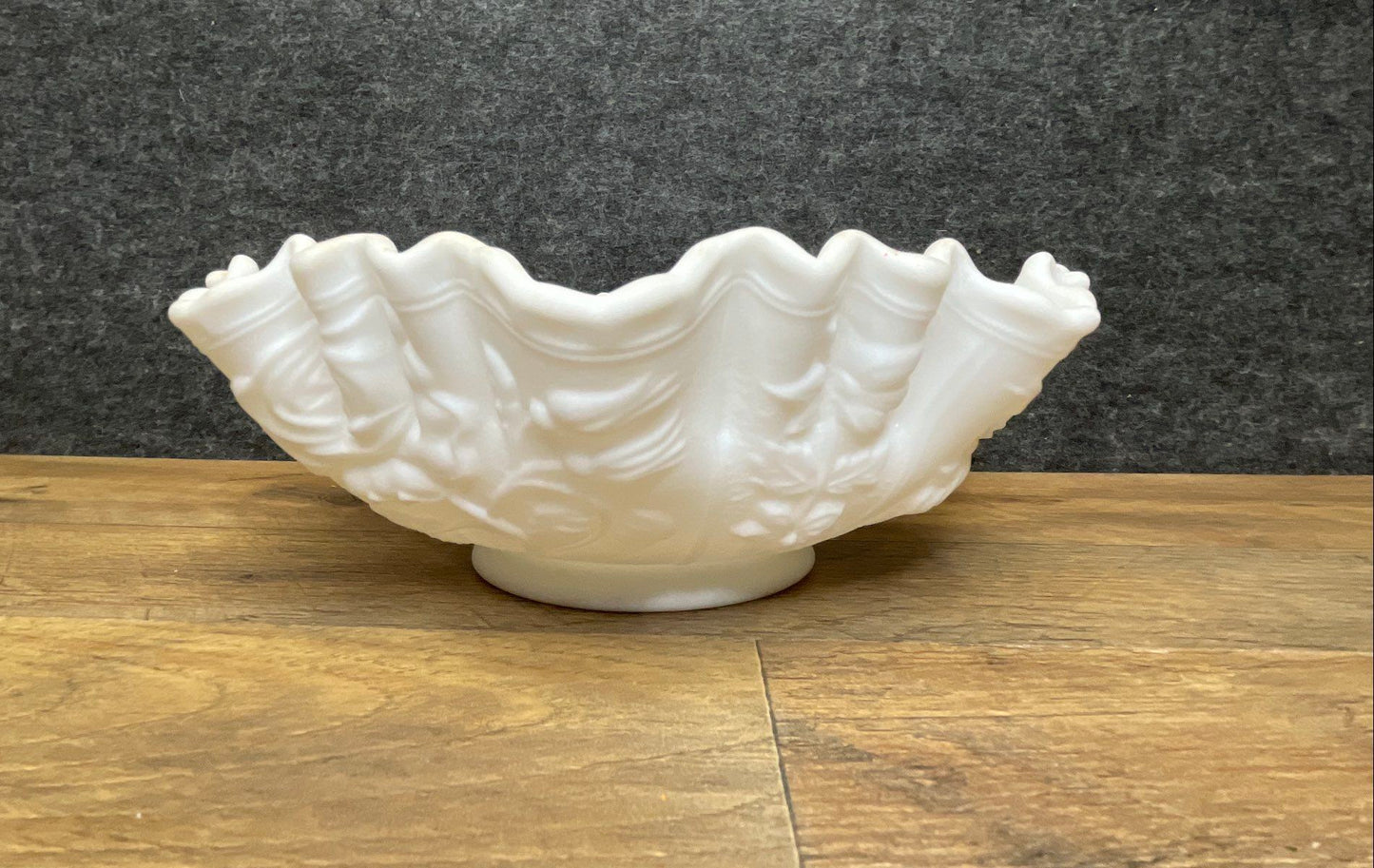 Satin Glass White Rose Pattern Ruffled Bowl 9 Inch Vintage