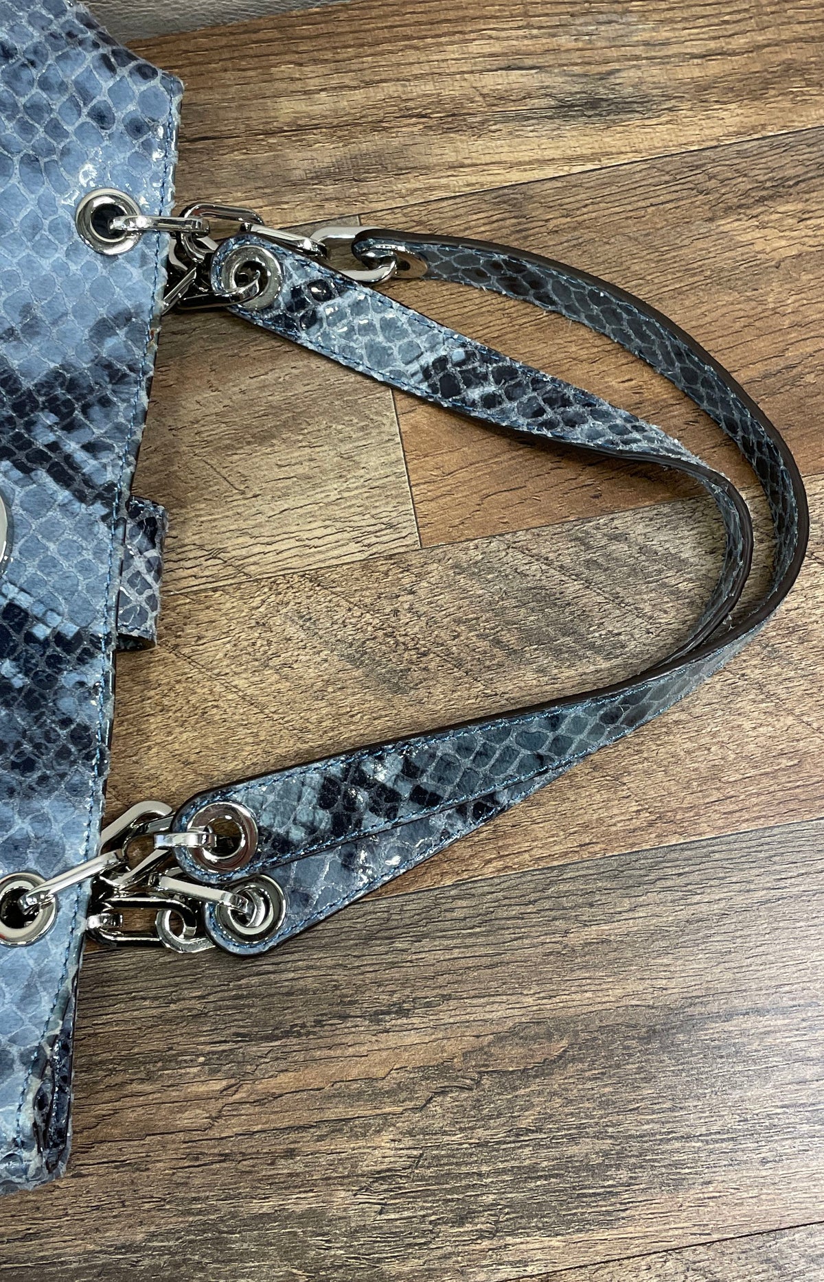 Michael Kors Blue Grey Snakeskin Embossed Leather Tote Shoulder Bag Silver