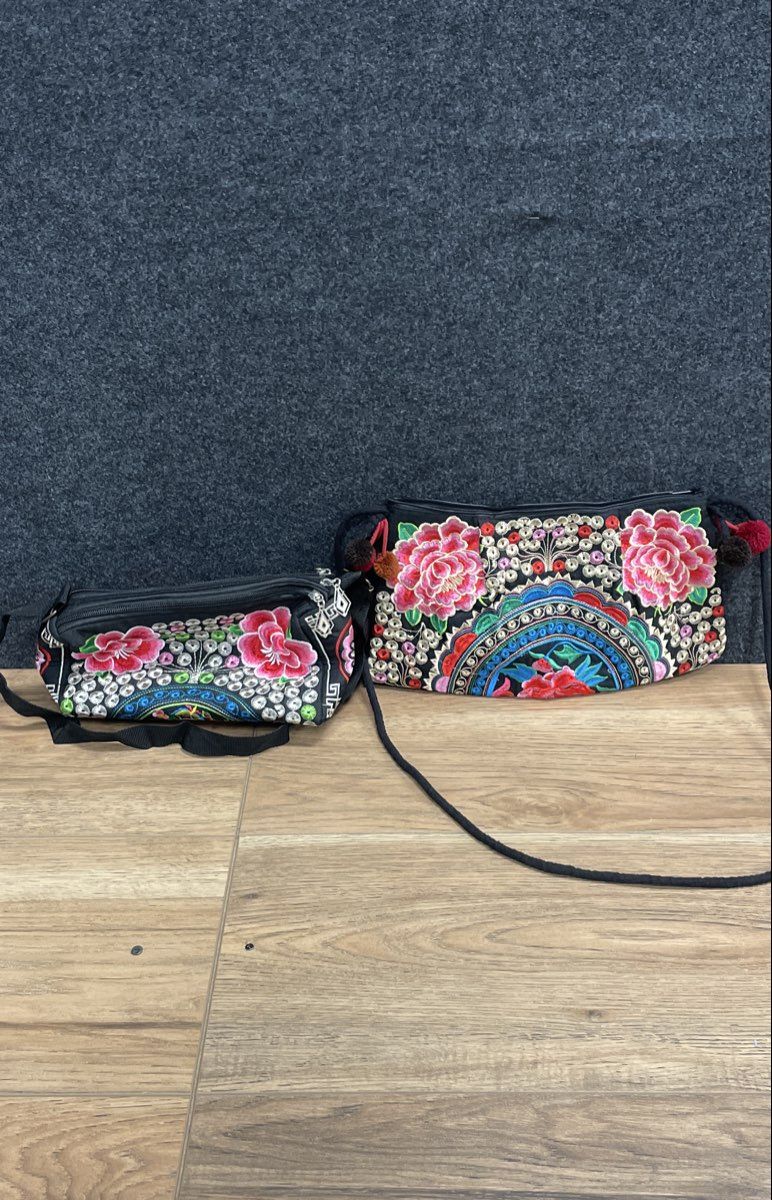 Embroidered Floral Boho Hmong Style Crossbody Shoulder Bag Black Lot of 2