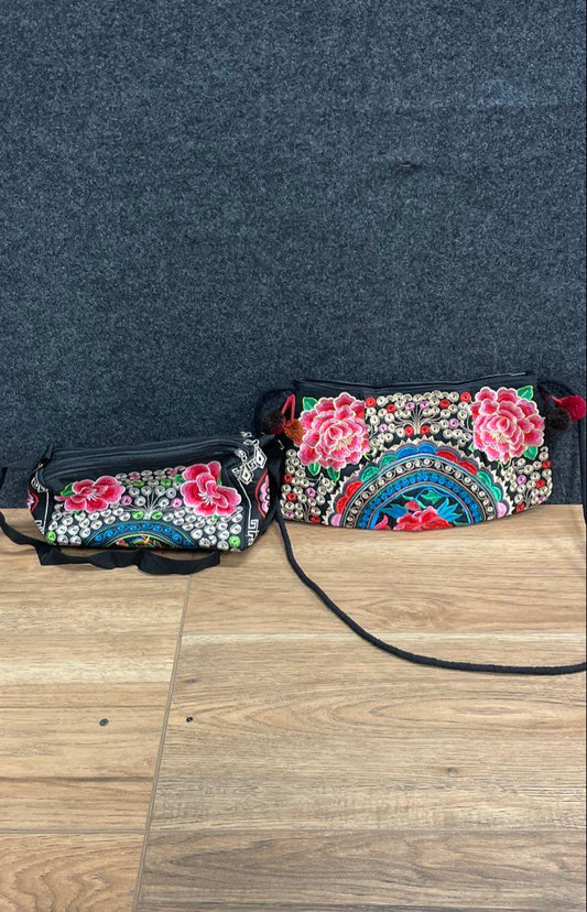 Embroidered Floral Boho Hmong Style Crossbody Shoulder Bag Black Lot of 2