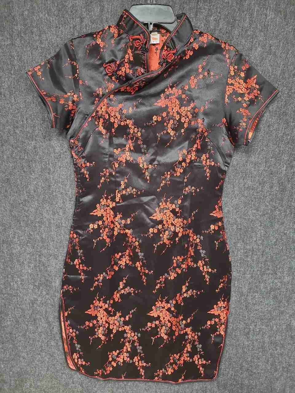 The Lady Women's Black Red Floral Cheongsam Qipao Mini Dress Satin Sz M