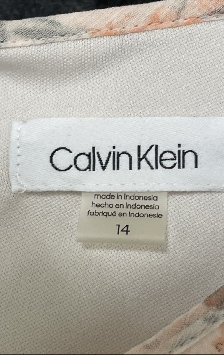 Calvin Klein Women's Cream Floral Chiffon Ruffle Tiered Bell Sleeve Dress Sz 14