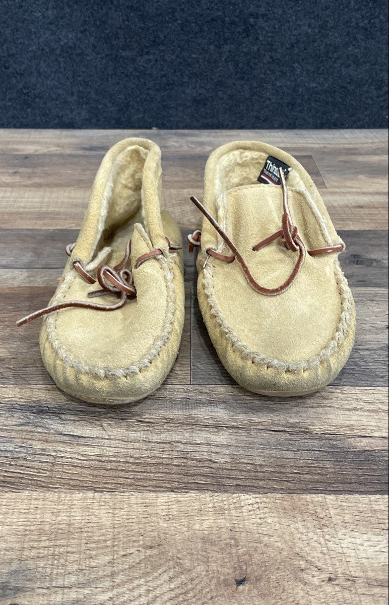 Vintage Cabela's Suede Moccasin Slippers Tan Brown Made in USA Size 7