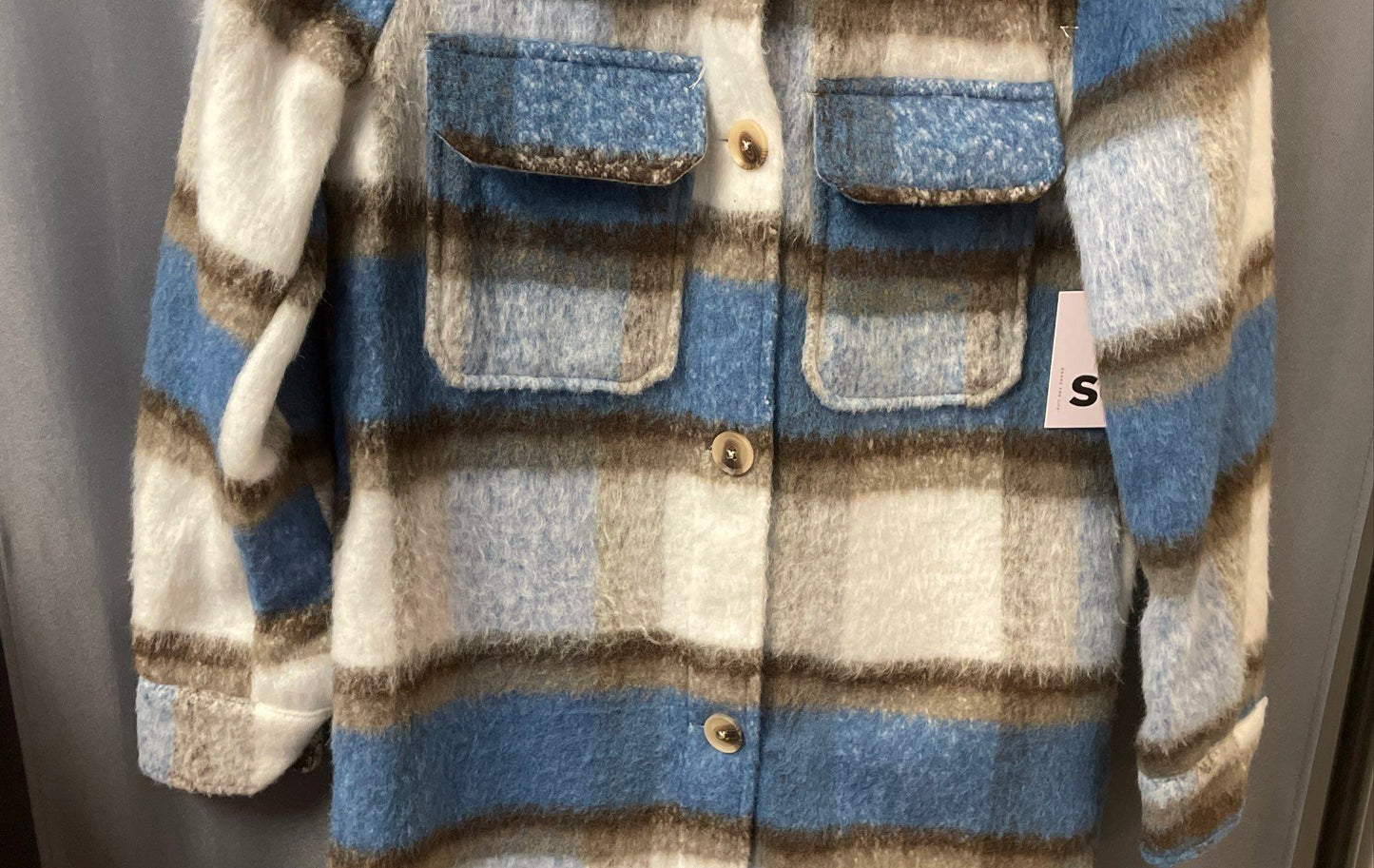 SO Women's Blue Cream Longline Plaid Shacket Fuzzy Button Up Coat NWT Sz XS