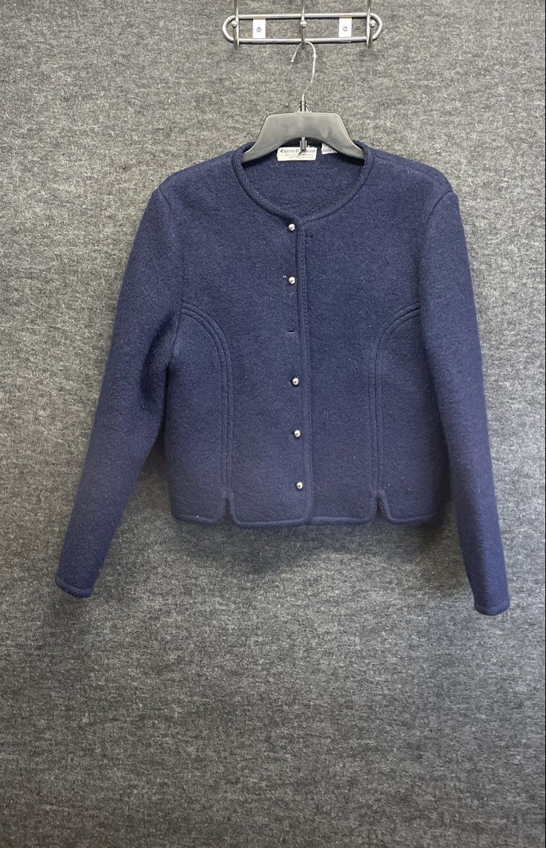 Vintage 80s Carroll Reed Women's Navy Blue Boiled Wool Cardigan Sweater Sz 14