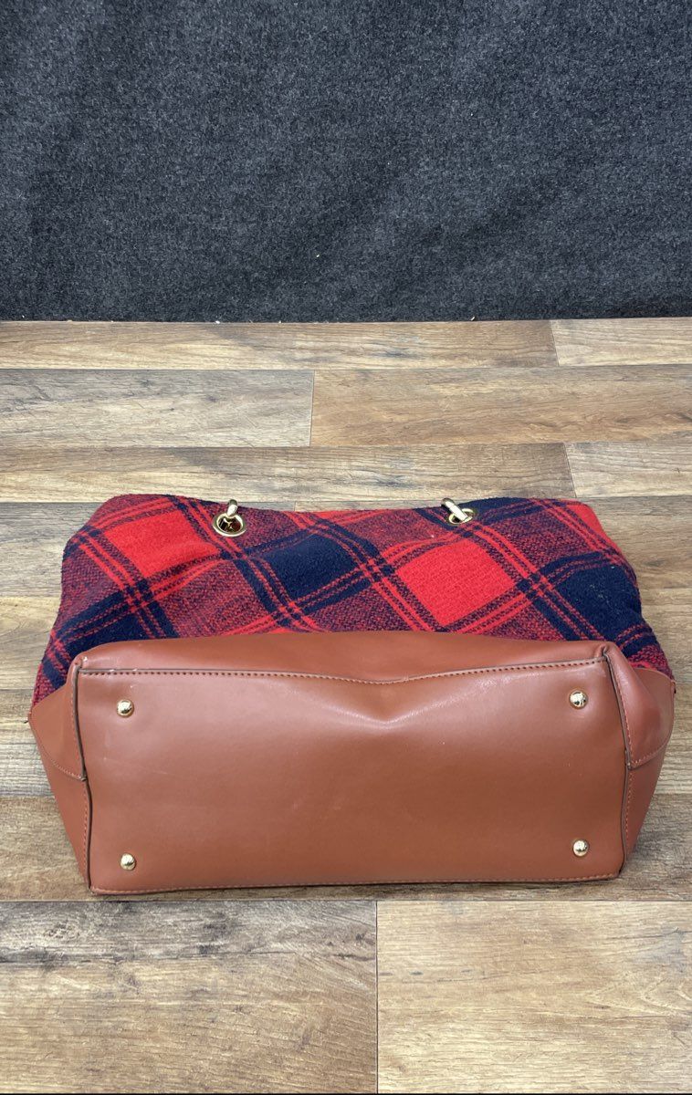 Emma Fox Red Navy Plaid Wool Tote Bag Brown Leather Base Gold Hardware