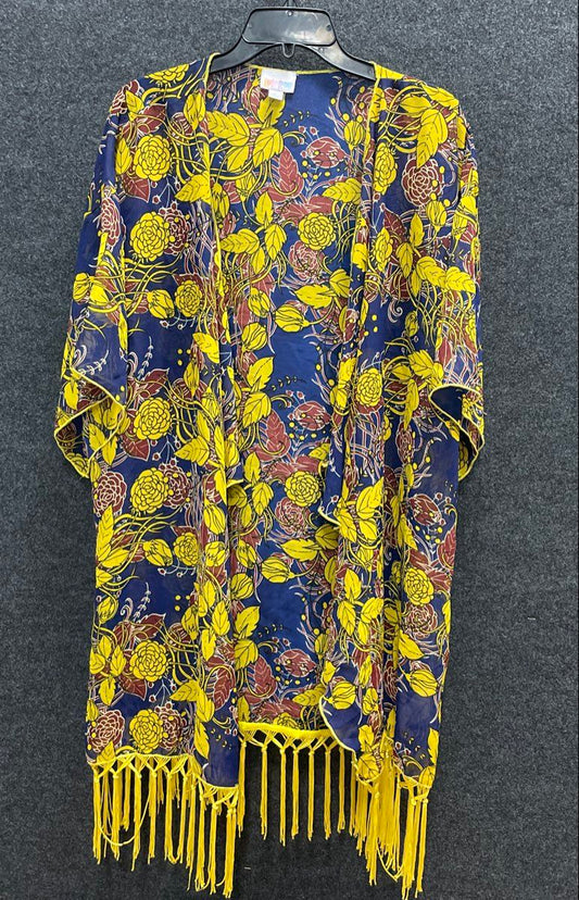 LuLaRoe Women's Blue Yellow Floral Fringe Hem Kimono Wrap Cardigan Size L