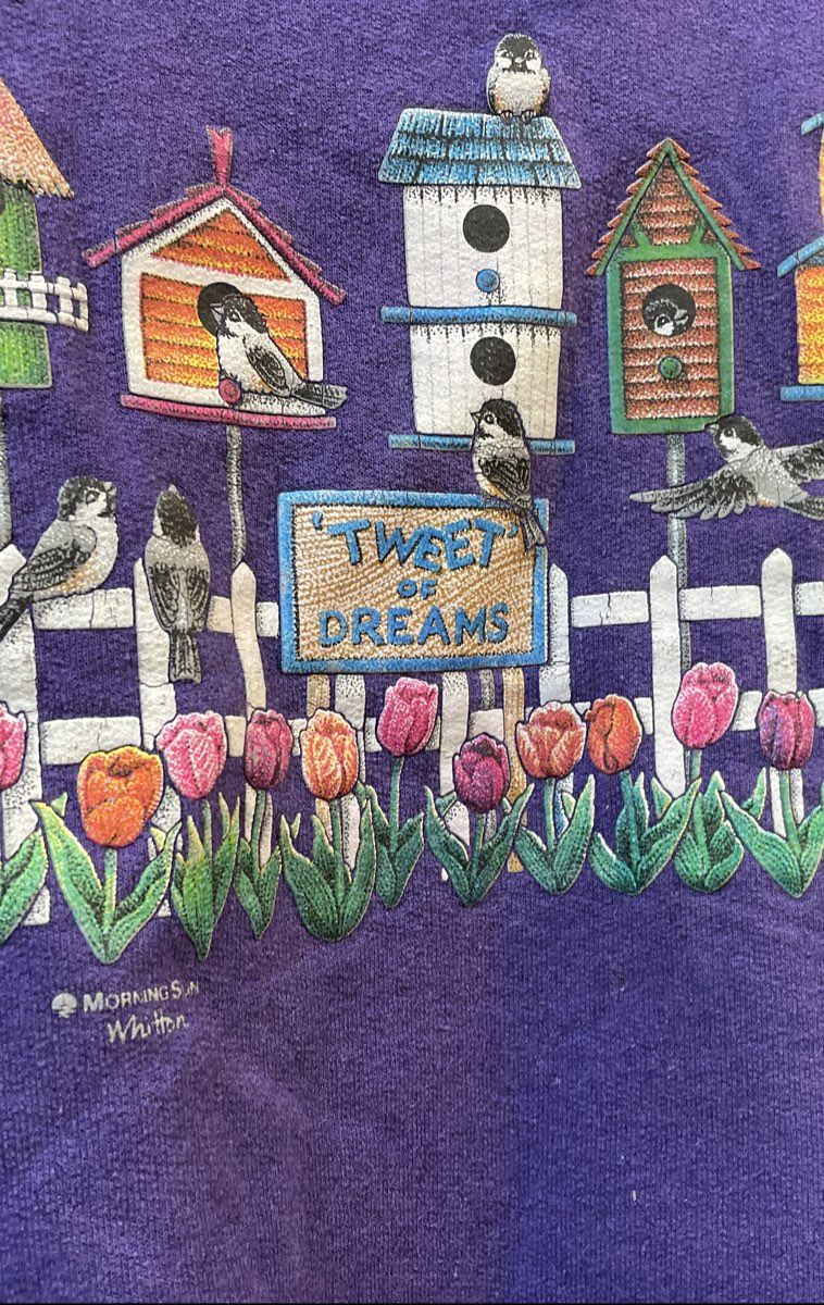 Morning Sun Women's Purple Vintage 90s Birdhouse Tweet of Dreams Sweater Sz SP