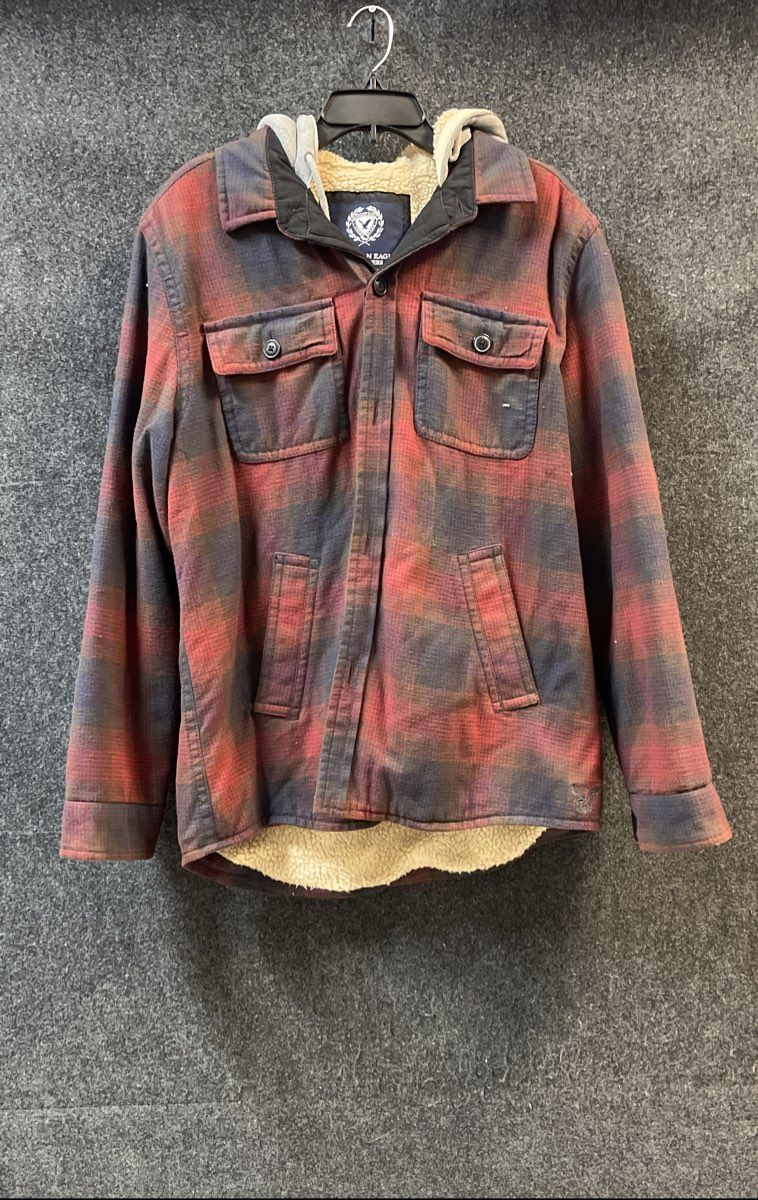 American Eagle Men's Hooded Flannel Shirt Jacket Red Plaid Sherpa Lined Sz L