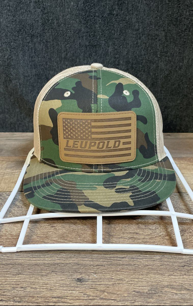 Leupold Men's Camouflage Trucker Hat Tan Mesh Snapback Leather Patch Flat Brim