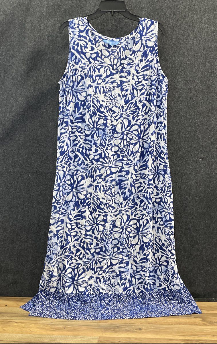 Blue Ginger Women's Blue White Lehua Luau Floral Batik Print Dress Sz L NWT