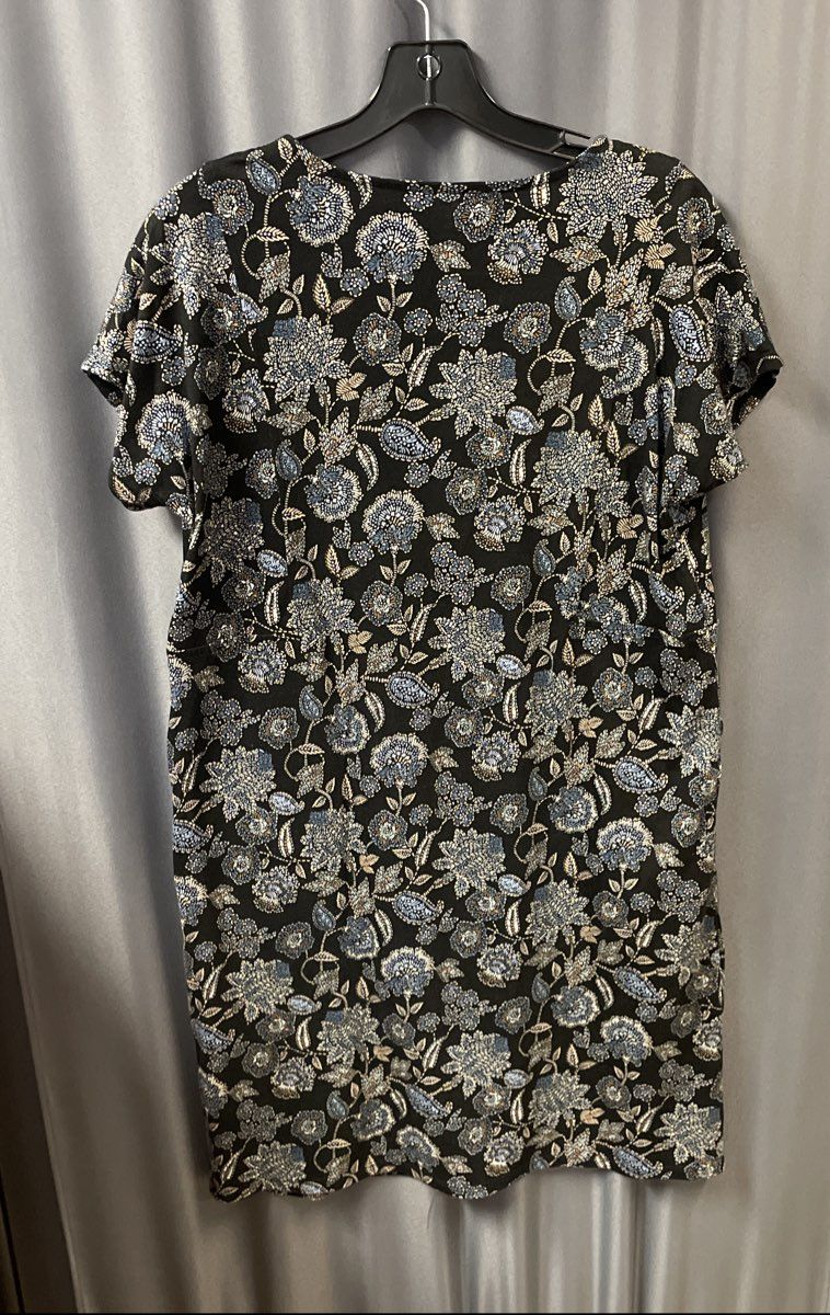 Purejill Women's Black Blue Floral V-Neck Organic Cotton T-Shirt Dress Sz S