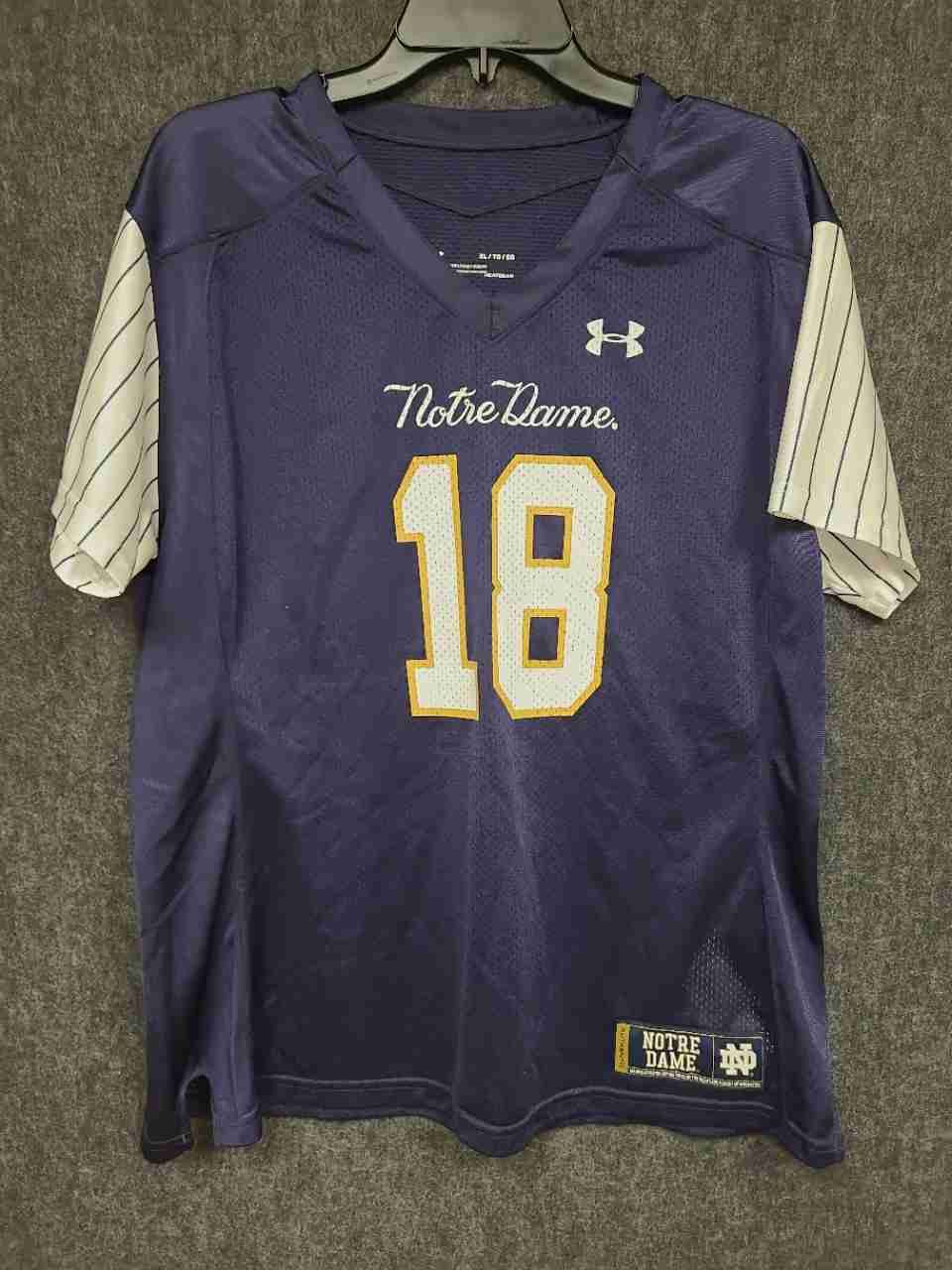 Under Armour Men's Notre Dame #18 Football Jersey Navy Pinstripe Sleeves XL