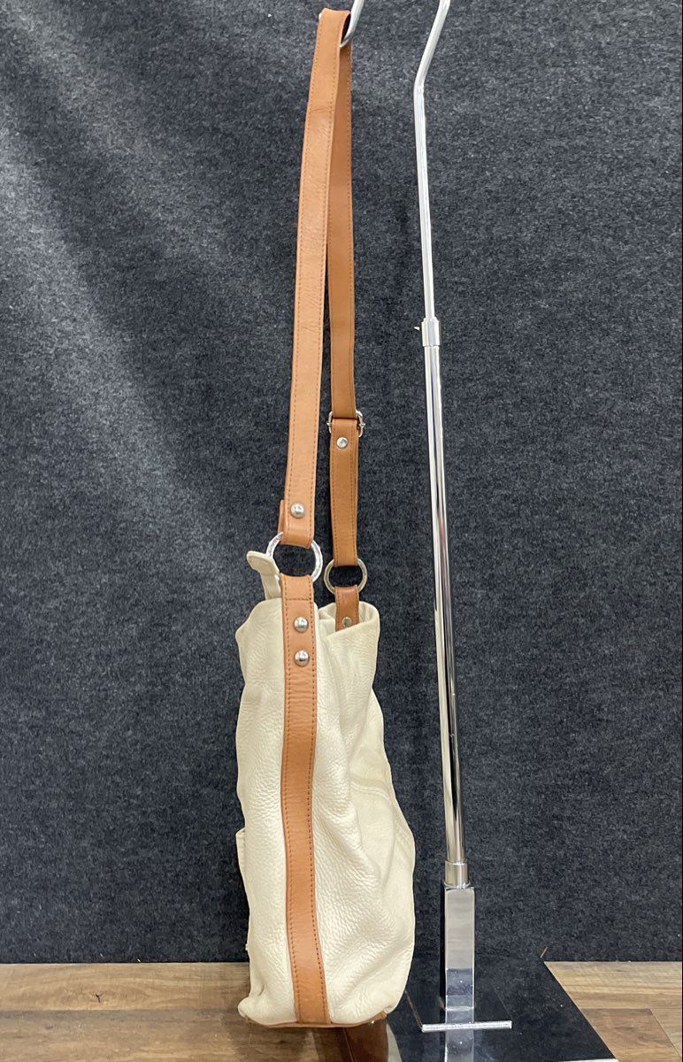Valentina White Pebbled Leather Hobo Shoulder Bag Tan Trim Silver Tone Logo
