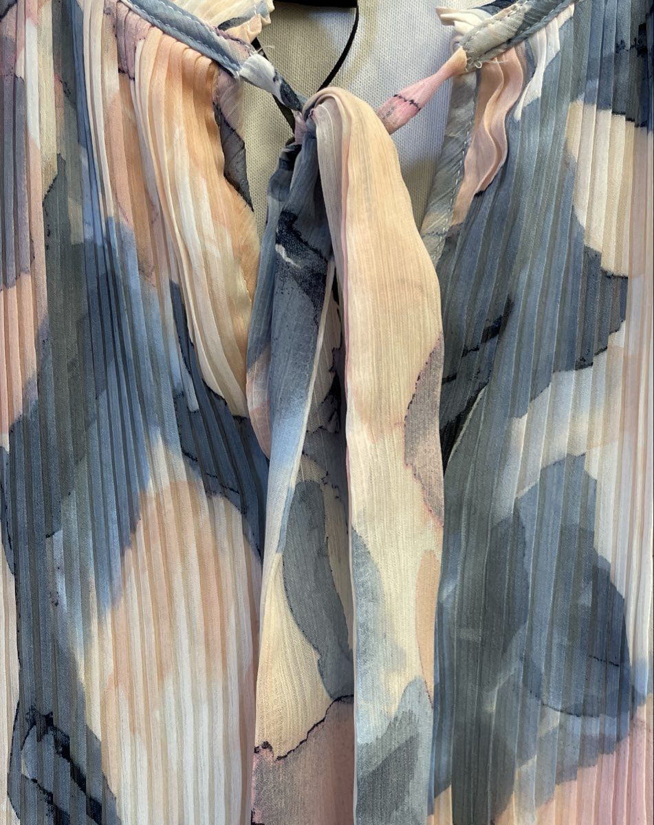 DKNY Women's Dress Multicolor Floral Pleated Tie Neck Sleeveless Shift Size 12