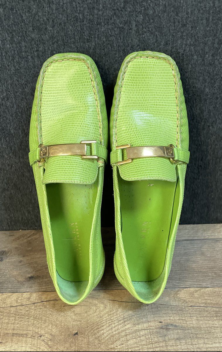 Lauren Ralph Lauren Margaret Green Lizard Embossed Leather Loafers Size 8B