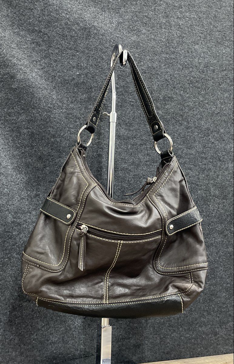 Tignanello Dark Brown Leather Hobo Shoulder Bag Floral Lining Silver Hardware