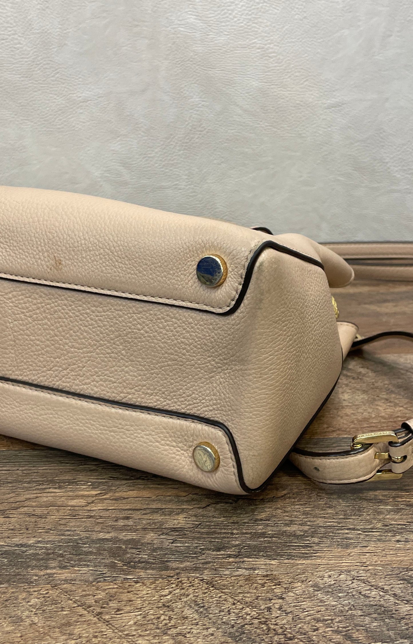 Michael Kors Beige Pebbled Leather Medium Camille Satchel Bag Gold Hardware
