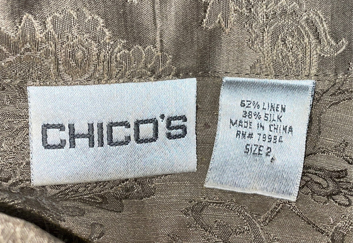 Chico's Women's Gold Damask Jacquard Silk Linen Button Up Blouse Sz 2