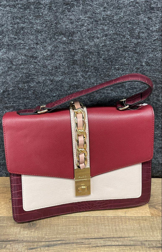 Aldo Red Burgundy Faux Gator Skin Chain Satchel Handbag Gold Hardware