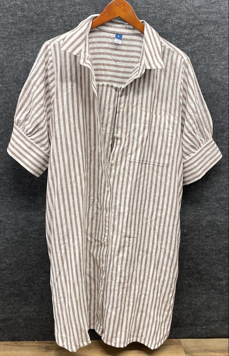Old Navy Women's White Brown Striped Short Sleeve Button Up Tunic Shirt NWT XL