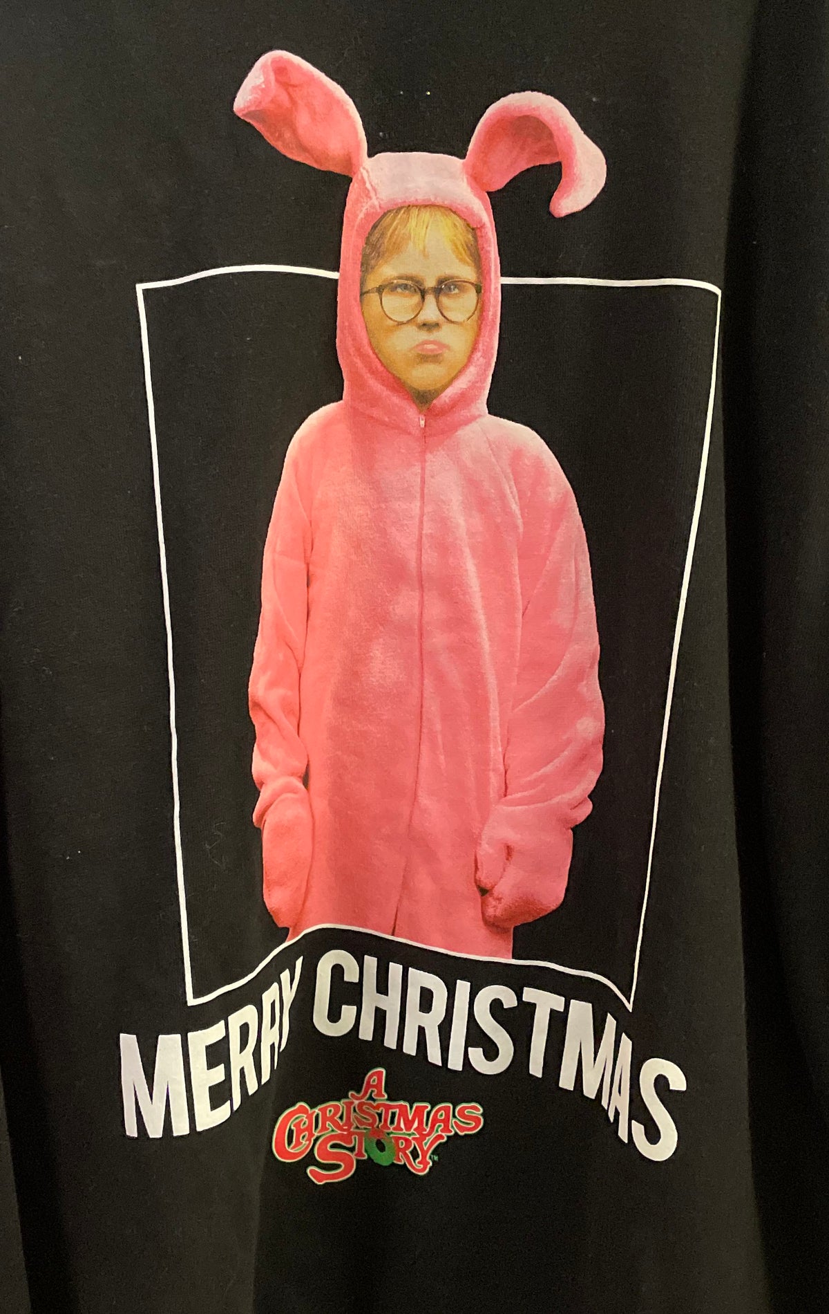 A Christmas Story Men's Sweatshirt Black Ralphie Pink Bunny Suit Graphic Sz L
