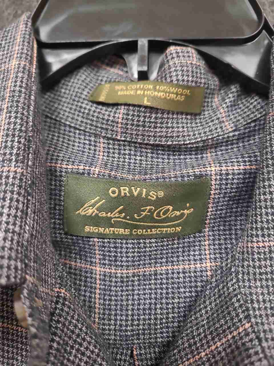 Orvis Men's Gray Plaid Houndstooth Cotton Wool Button Down Shirt Sz L