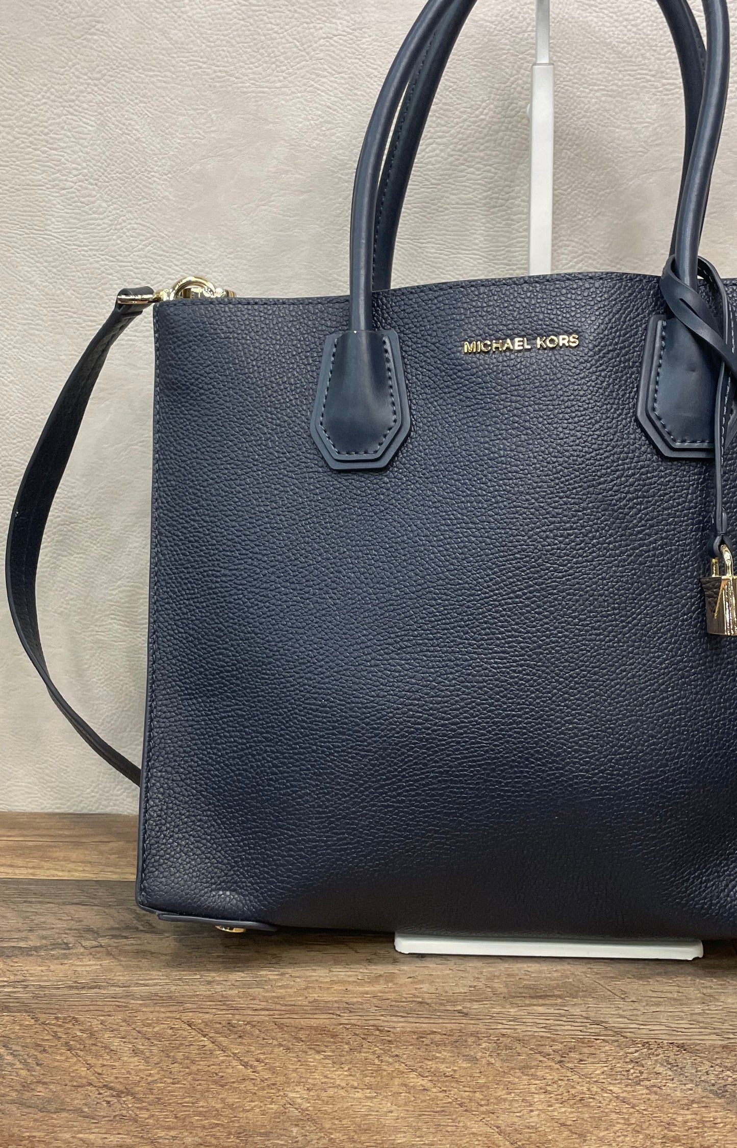 Michael Kors Navy Blue Mercer Large Satchel Bag Pebbled Leather Gold Hardware