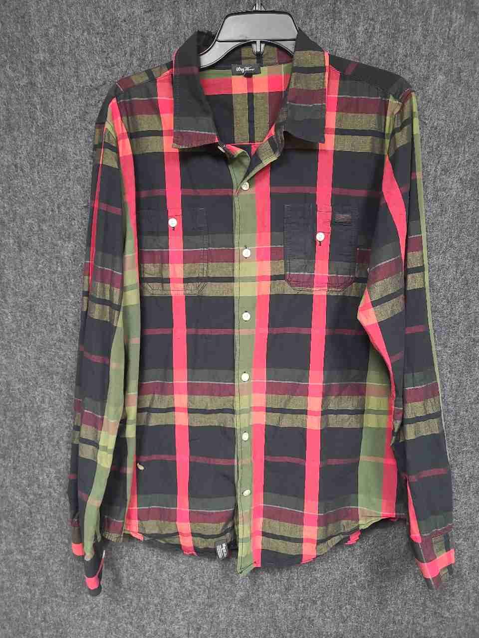 LRG Men's Long Sleeve Button Up Shirt Red Black Olive Green Plaid Size L
