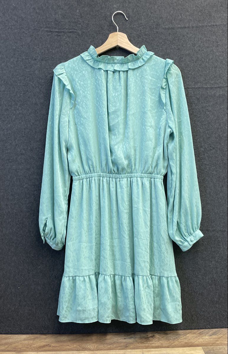 LC Lauren Conrad Women's Turquoise Ruffled V-Neck Tie Front Jacquard Dress Sz M