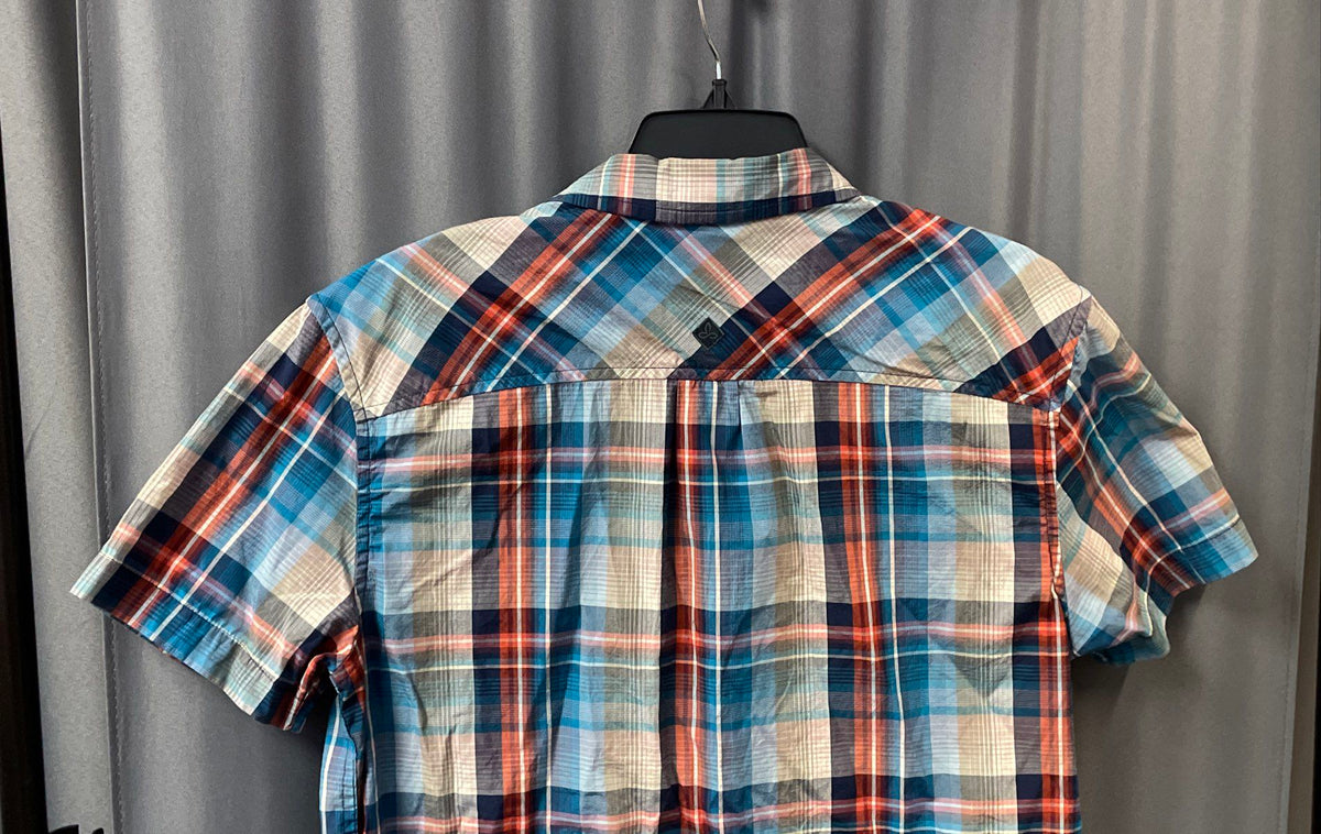 Prana Men's Blue Orange Plaid Short Sleeve Button Down Cotton Shirt Sz Medium