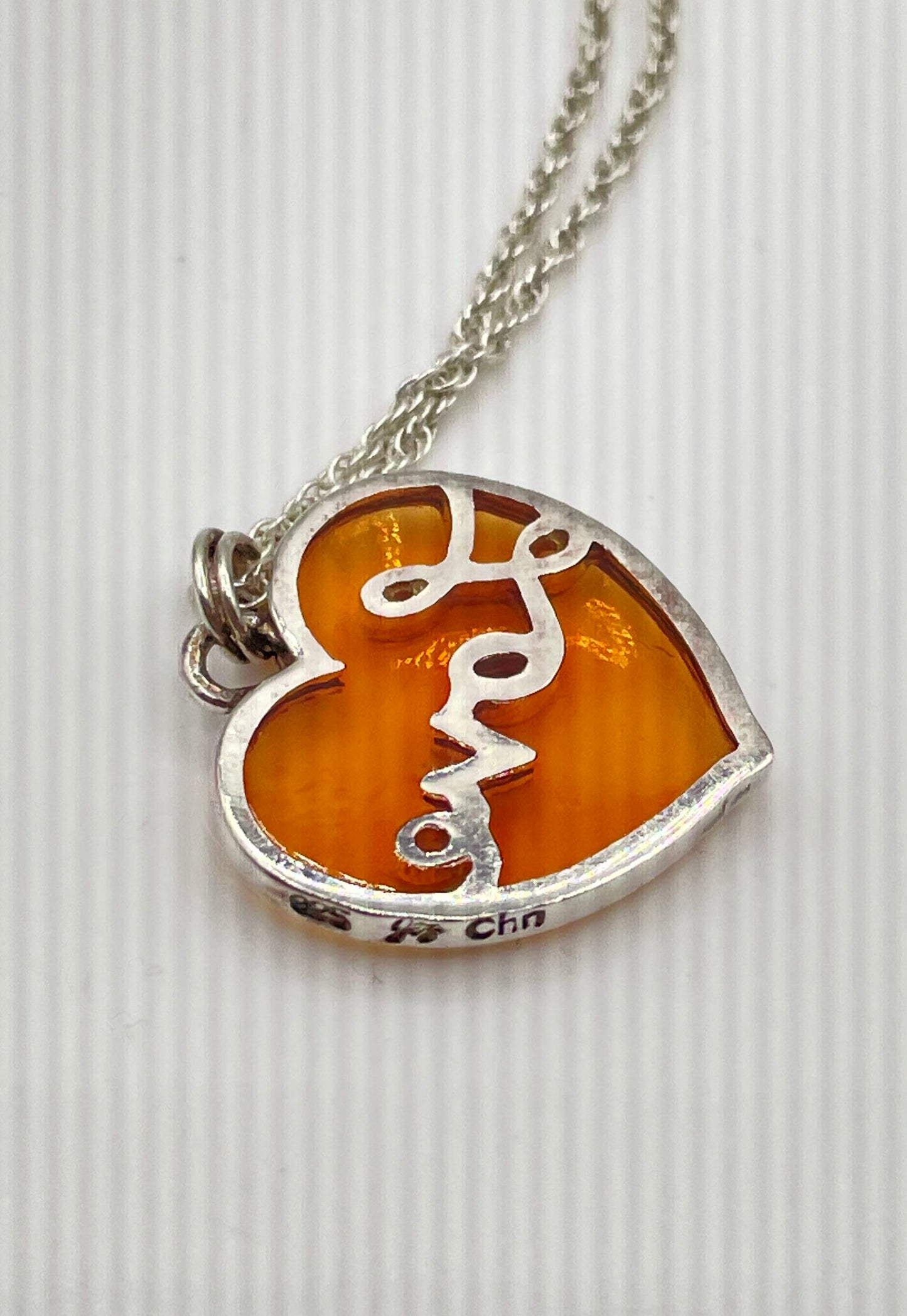925 Sterling Silver Amber-Colored Resin 'Love' Heart Pendant Necklace 4g