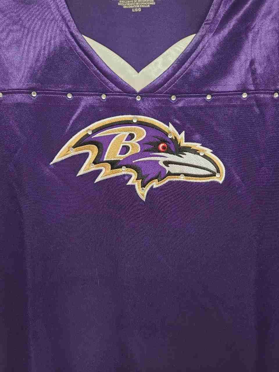 Baltimore Ravens NFL Team Apparel Women's V-Neck Jersey Top Rhinestones Sz L