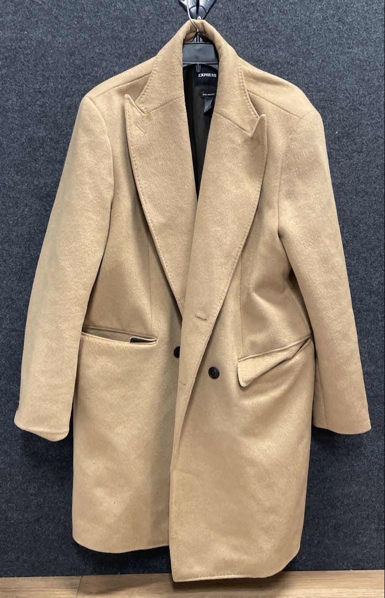 Express Men's Camel Double Breasted Wool Blend Topcoat Water Resistant Sz XL