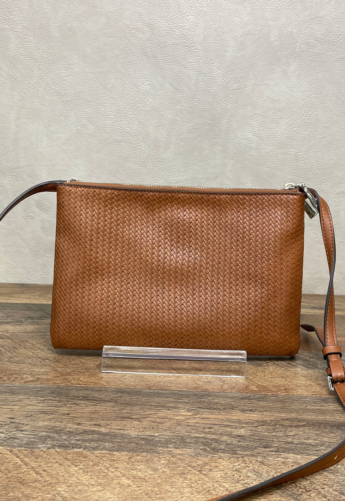 Guess Brown Woven Faux Leather Crossbody Bag Gold Tone Hardware