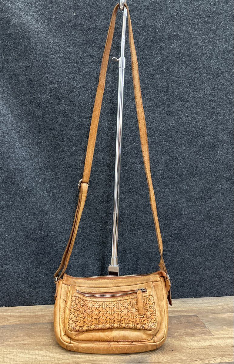 Vilenca Holland Brown Leather Woven Crossbody Shoulder Bag Adjustable Strap