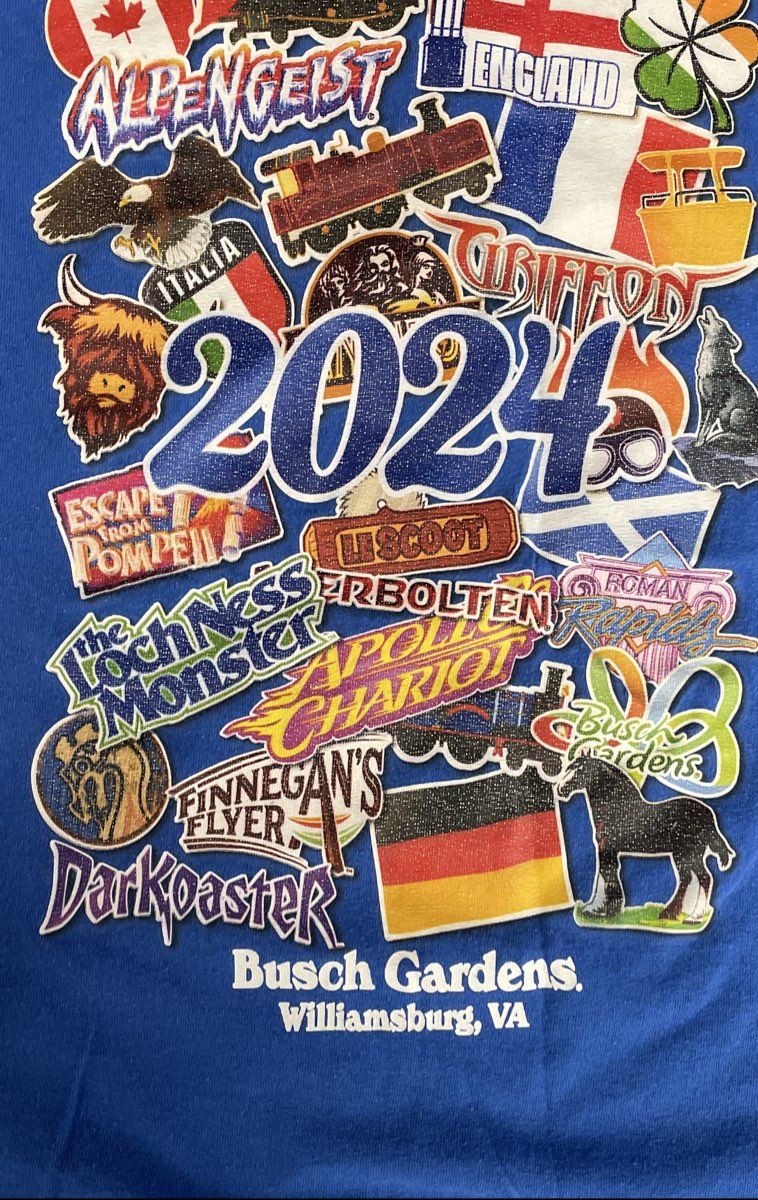 2024 Busch Gardens Williamsburg Ride Collage Theme Park T-Shirt Sz L