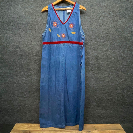 Erika & Co Women's Vintage 90s Denim Maxi Jumper Dress Blue Floral Red Trim Sz M