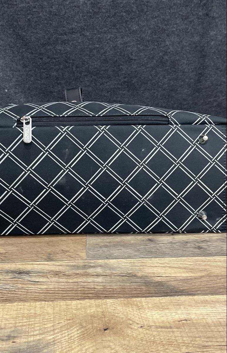 Chaps Black White Lattice Canvas Large Travel Tote Bag Silver Hardware