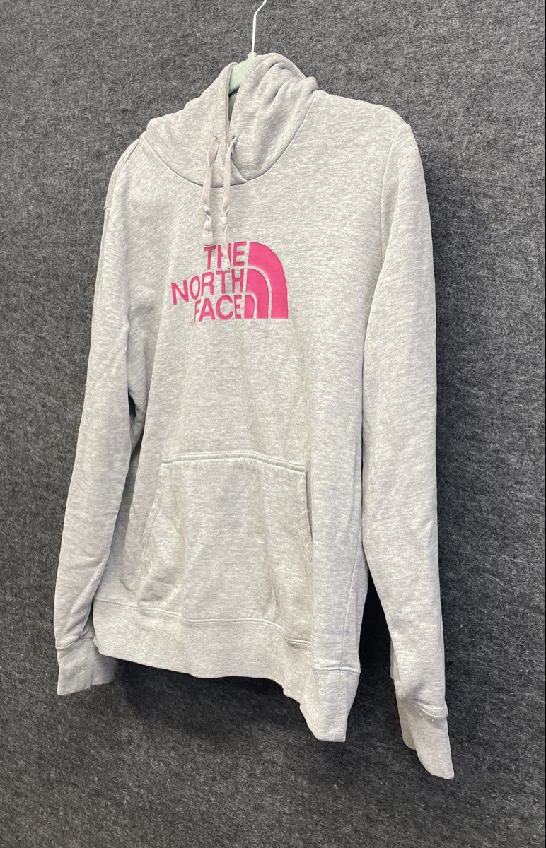 The North Face Women's Hoodie Gray Pink Logo Pullover Kangaroo Pocket Size L